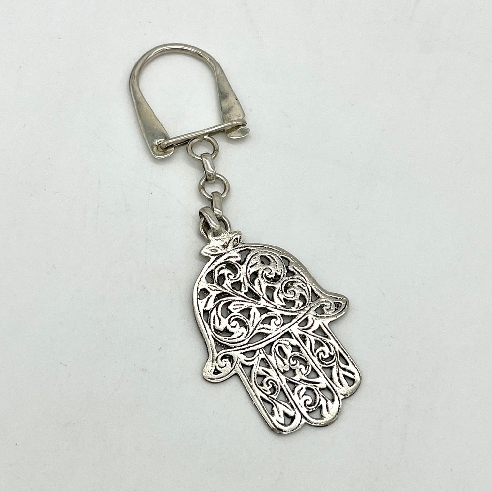 Hamsa Hand Keychain Silver Tone Metal Charm Key Ring Spiritual Gift